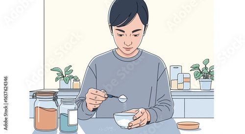 Person meticulously adding ingredient to bowl, preparing a mixture at home.