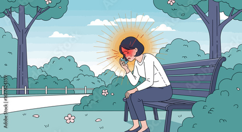 Illustration of a woman sitting on a park bench, holding a phone with a distressed expression and a glowing red face, suggesting a stressful phone call.