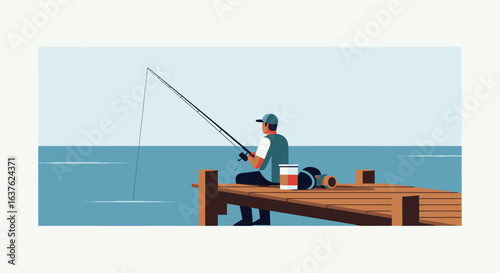 Fisherman on Wooden Dock Casting Line into Calm Waters, Vector Illustration