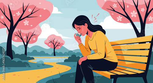 Woman experiencing an asthma attack while sitting on a park bench amidst blooming cherry trees.