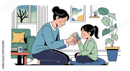A mother helps her young daughter use an inhaler in a cozy living room setting, showing care and support.