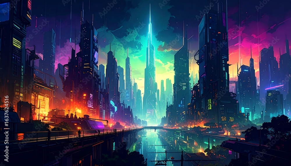 Obraz premium Vibrant futuristic cityscape