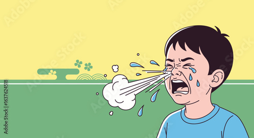 Upset young boy crying and sneezing profusely outdoors.