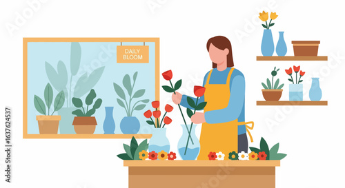Florist arranging red roses in a vase at a flower shop, with potted plants