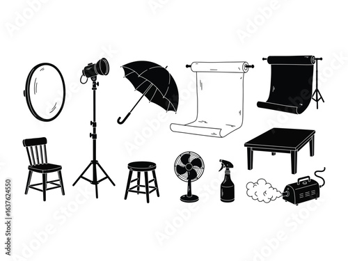 Photographic Equipment Illustration: A collection of essential photography gear, including a reflector, lighting, umbrella, backdrop, table, chair, and fan, arranged in a clean illustration.