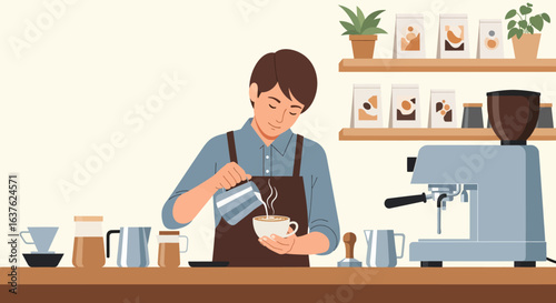 Focused barista pouring steamed milk into a latte art design, coffee shop scene
