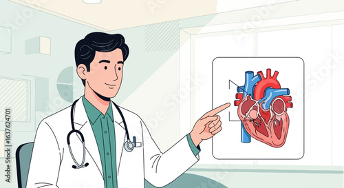 A male doctor explaining the human heart anatomy, pointing to a diagram.