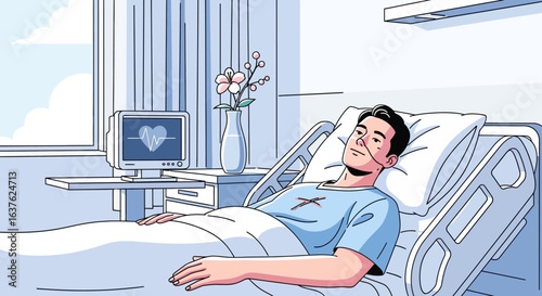 Man rests in hospital bed, connected to medical equipment, showing signs of illness or recovery.