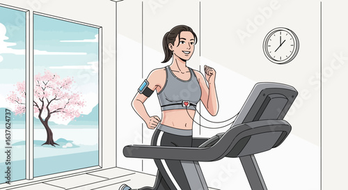 A woman is running on a treadmill indoors, wearing a heart rate monitor and armband for her phone, with a view of a cherry blossom tree.