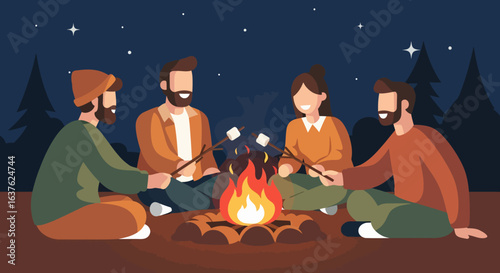 Friends Gathered Around a Campfire Roasting Marshmallows Under the Stars