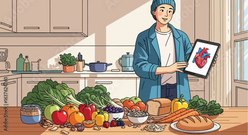 Person in a kitchen displays a digital heart image, highlighting healthy foods for cardiovascular health.