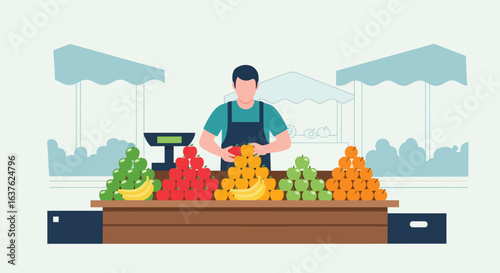 Fruit vendor arranging colorful apples and bananas at an outdoor market stall