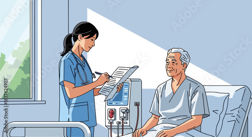 Nurse attentively charts patient's vital signs during hospital visit.