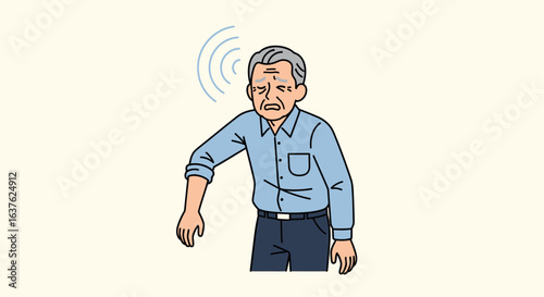 An elderly man experiencing hearing loss, with sound waves emanating from his ear.