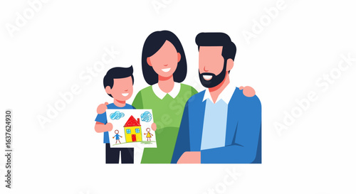 Happy Family with Child's Drawing of Home, Smiling and Proud