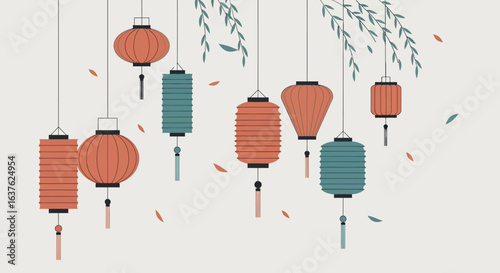 Hanging lanterns with tassels and stylized willow branches illustration