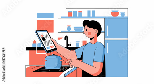 Illustrated man using a smartphone while cooking in a stylized kitchen