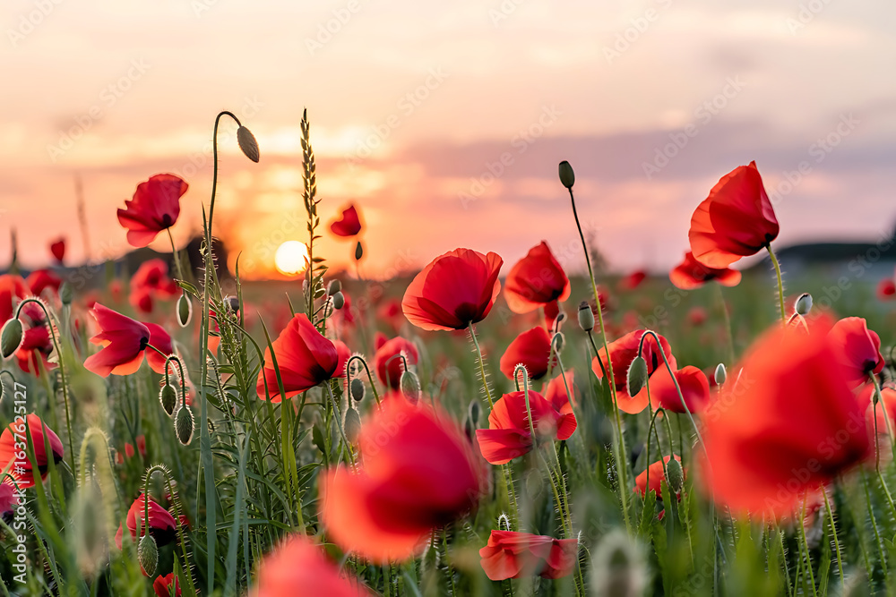 Obraz premium Vibrant Red Poppies Bloom in a Sun-Kissed Field