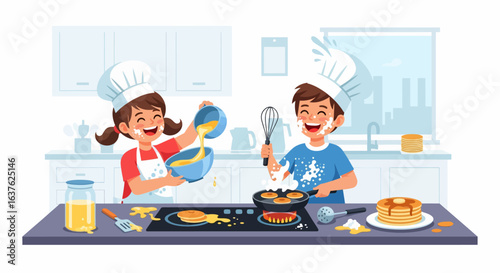 Joyful Children Cooking Pancakes Together in a Kitchen Scene