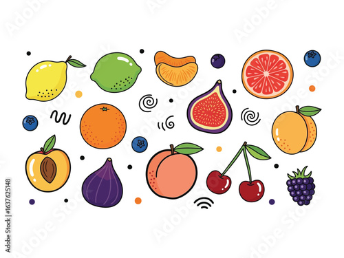 A Fruitful Array: A vibrant illustration showcasing a delightful assortment of fresh, colorful fruits arranged in a playful pattern, creating a visually appealing still life.