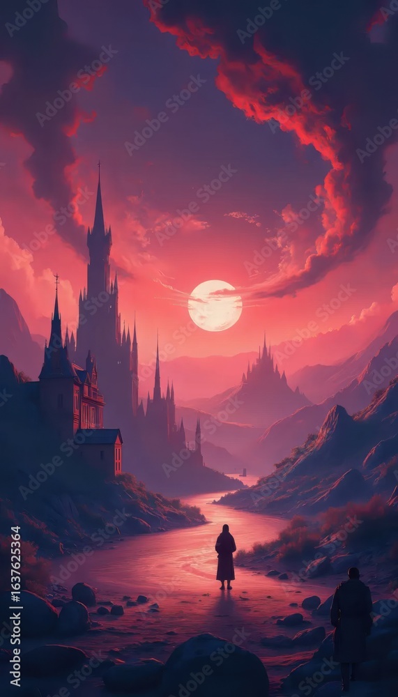 Obraz premium A digital painting of a man standing in front of a castle.