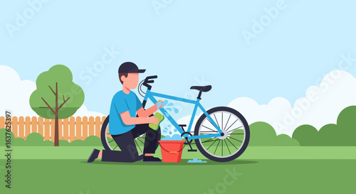 Man Cleaning a Blue Bicycle with Water and Sponge Outdoors