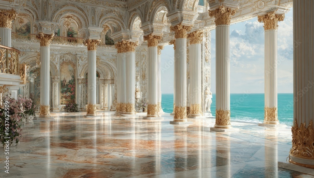 Fototapeta premium Grand, ornate, white colonnaded hall overlooking a turquoise ocean
