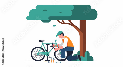 Man Kneeling Repairing Teal Bicycle Under a Stylized Tree Illustration