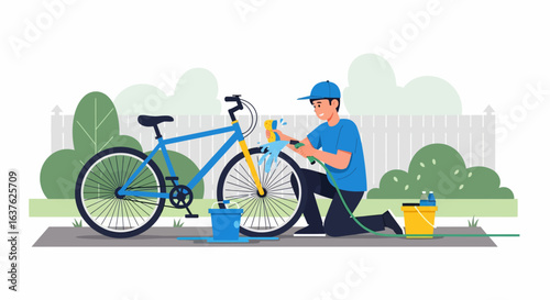 Man washing blue bicycle with yellow sponge and green hose outdoors
