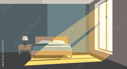 Minimalist Bedroom Interior with Dramatic Sunlight and Shadow Play