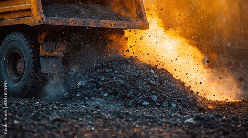 Asphalt pouring process.  Hot materials being unloaded