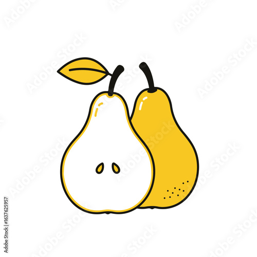 Delicious pear, one is sliced open to reveal the juicy interior