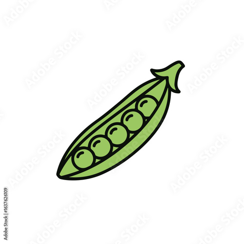 An illustration of a opened pea pod filled with several peas.