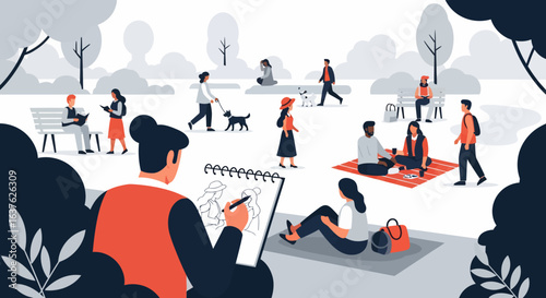 Park Scene Depicting People Enjoying Leisure Activities and Artistic Expression.