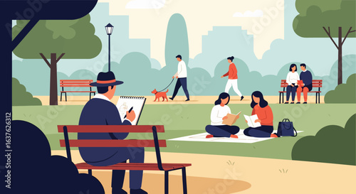 Park Scene: Artist sketching, readers, dog walker, and couple on bench