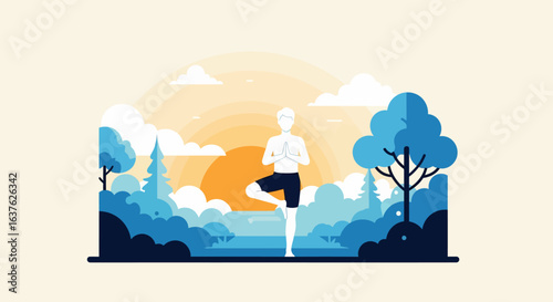 Peaceful Yoga Practitioner Balancing in Nature's Serene Landscape.