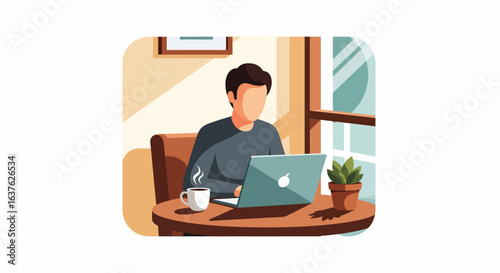 Person Working on Laptop with Coffee and Plant in Cafe Setting