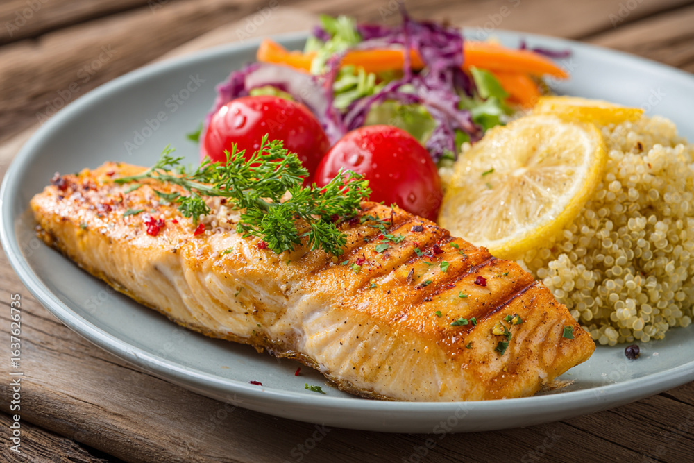 Clean lunch meal with grilled fish and quinoa Clean lunch meal with grilled fish and quinoa