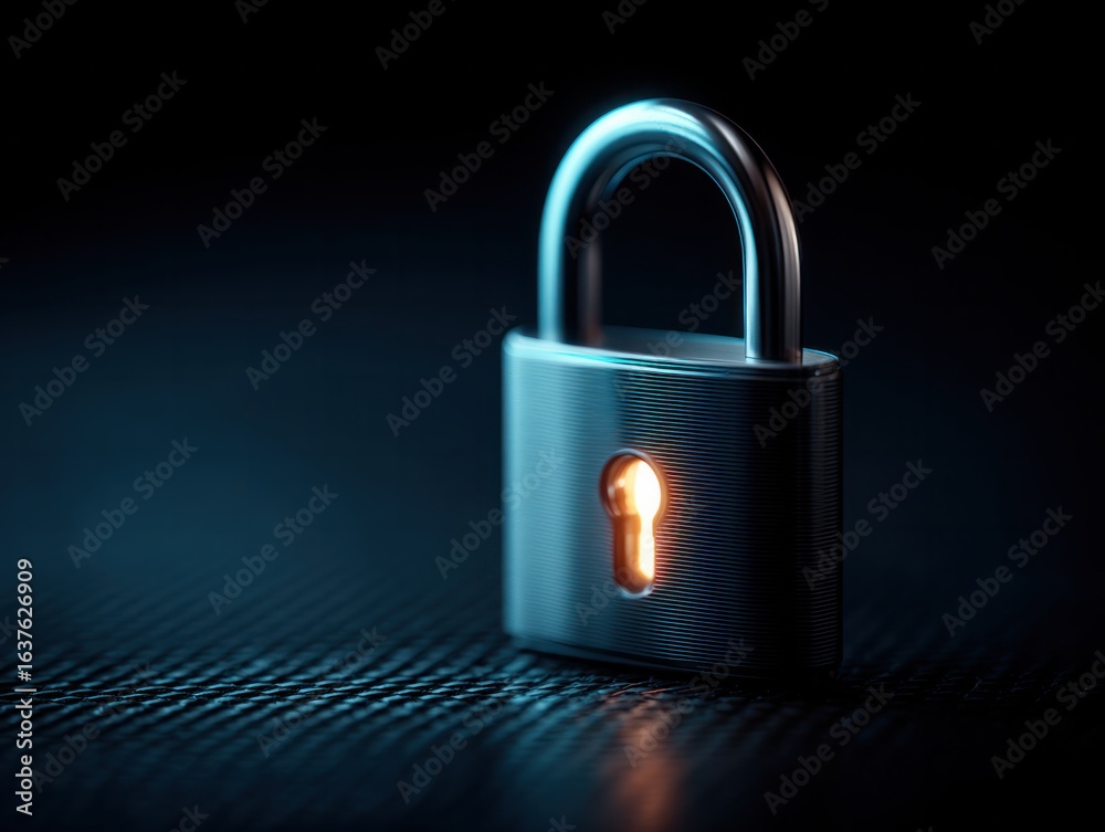 Fototapeta premium Security lockdown metal padlock with illuminated keyhole dark environment close-up view concept of protection and safety