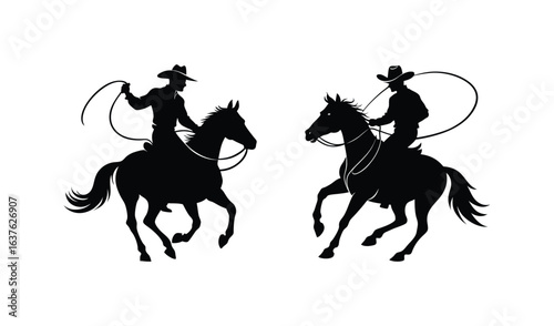 Two cowboys on horseback swinging lassos in silhouette