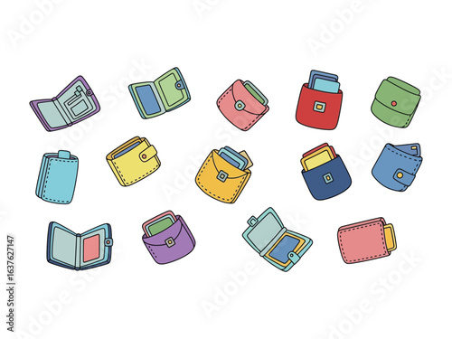 Colorful Wallets Collection: A vibrant collection of diverse, colorful wallets, each distinct in design and form, showcasing the variety and individuality.