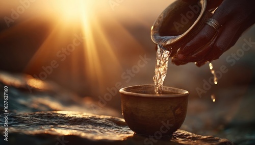 Hands pour water from a bronze bowl into another at sunrise