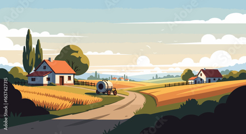 Serene rural landscape with farmhouses, golden fields, and a water tank trailer