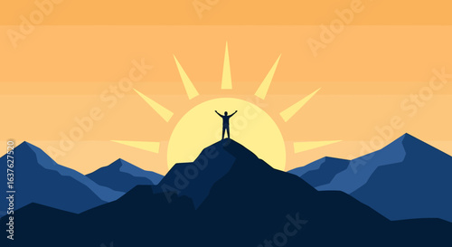 Silhouette of a triumphant person atop a mountain at sunrise.