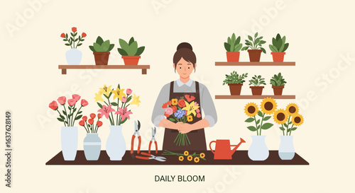 Smiling florist holding a vibrant bouquet surrounded by potted plants and cut flowers