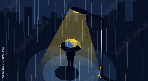 Solitary figure under a streetlamp with a blue and yellow umbrella in the rain