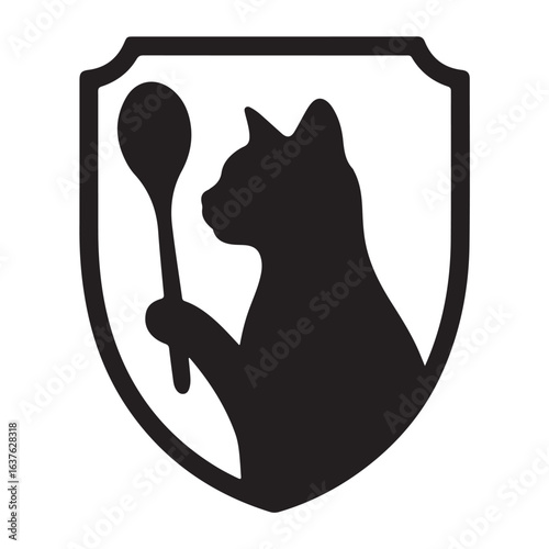 Cat holding spoon silhouette within shield emblem concept