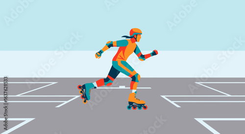 Stylized roller skater in motion with orange helmet and teal accents