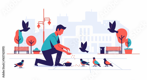 Vector illustration of a man feeding pigeons in a stylized urban park