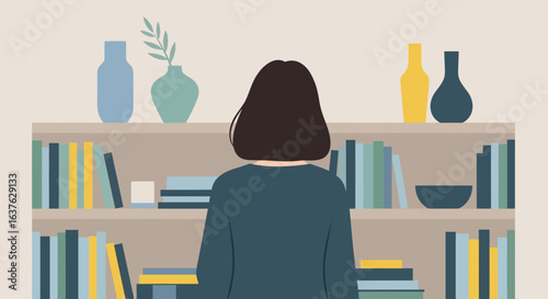 Woman Contemplating Bookshelf with Vases and Decorative Elements.